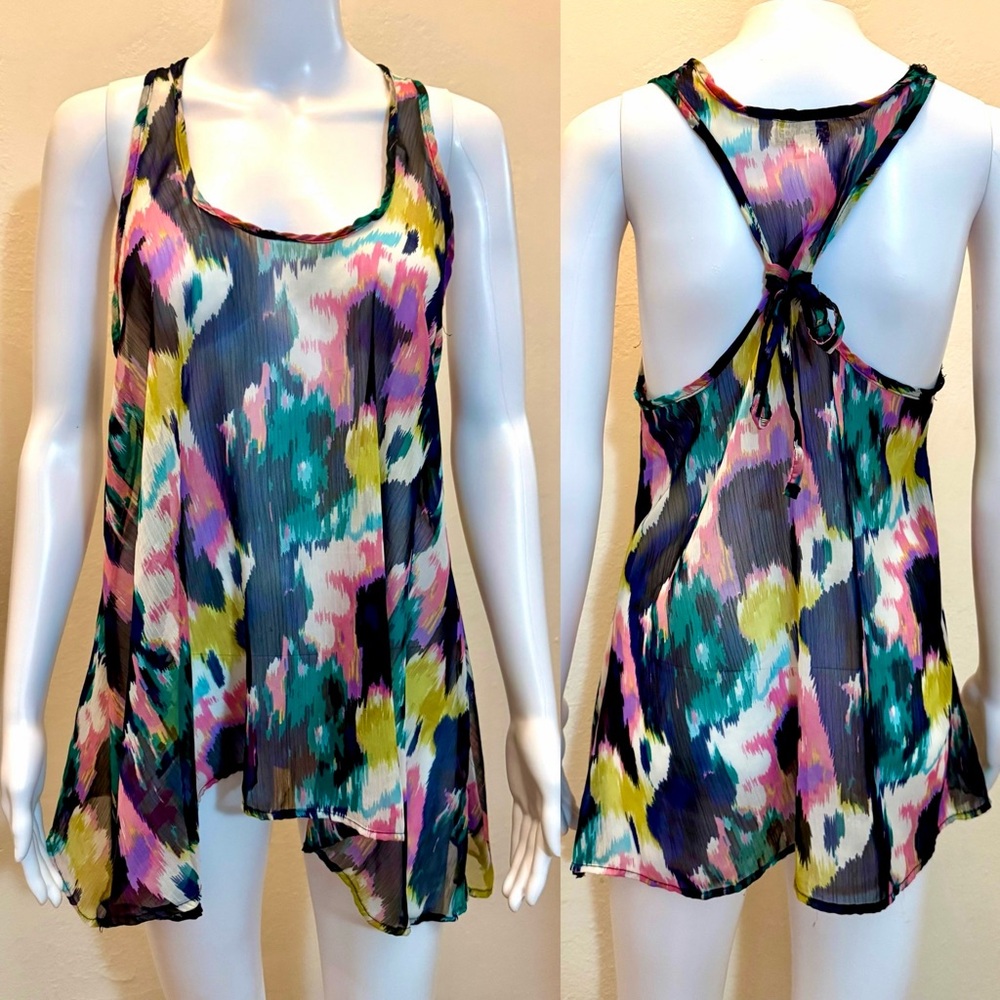 Tramp Multicolor Abstract Sheer High-Low Tank Top – Size Medium